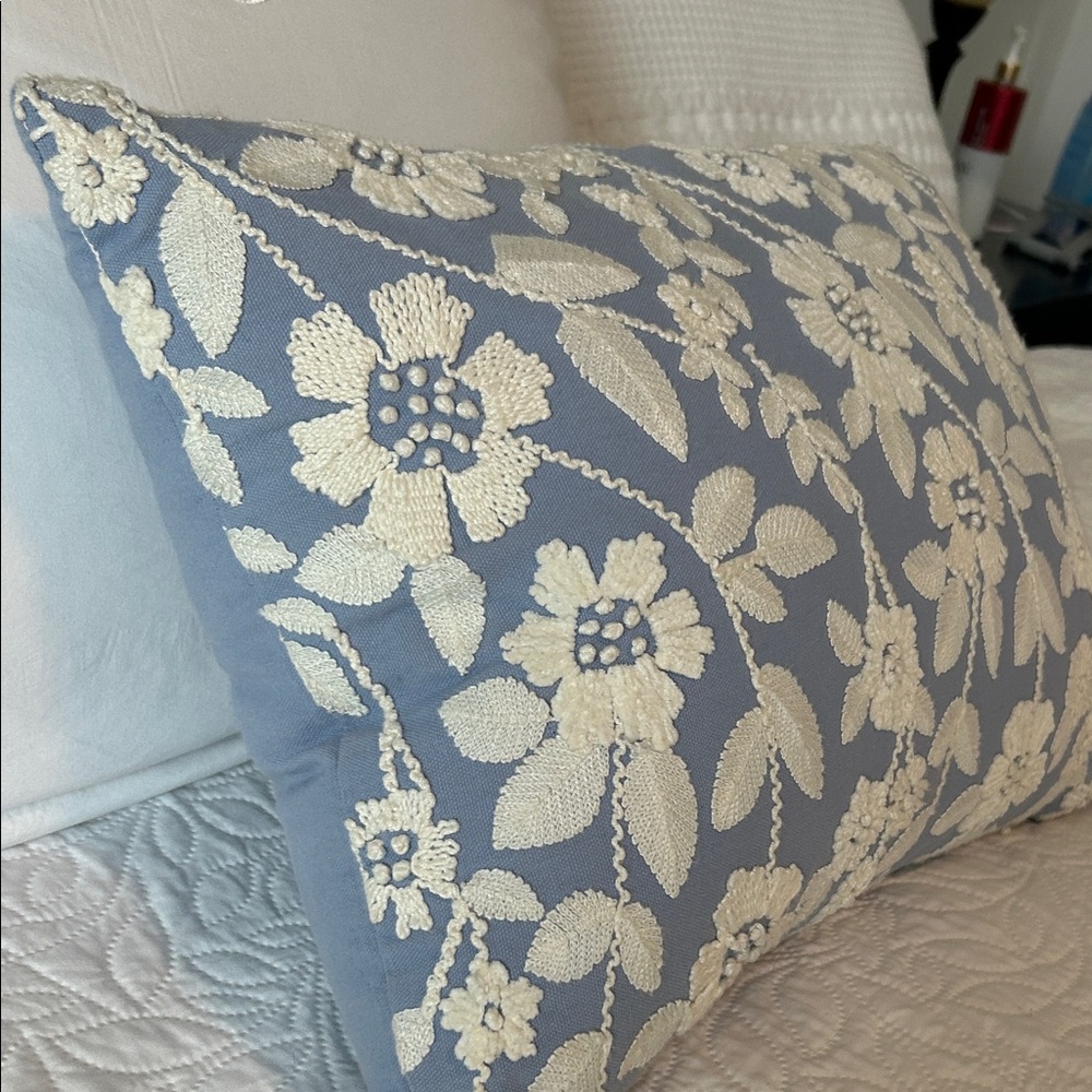 Embroidered Floral Decorative Pillow - Blue & Cream